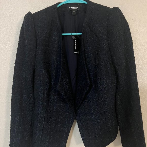 Express Draped Front Puff Sleeve Boucle 